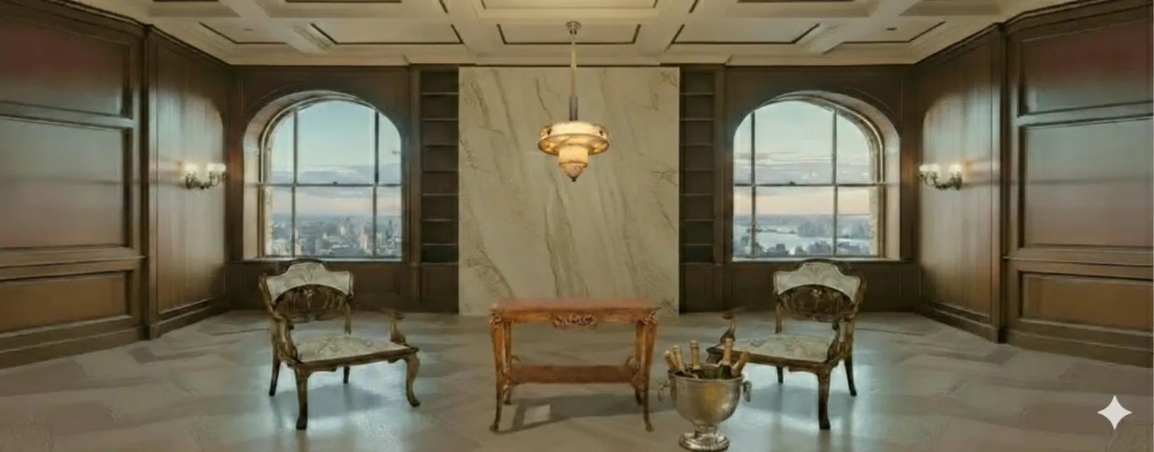 クラシックシャンパンクーラーが古風な椅子と大きな窓があるエレガントなラグジュアリー環境で。